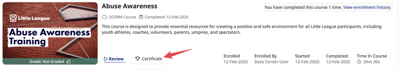 Learner view with certificate download